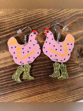 Chicken Earrings Dangle Drop Cowboy Boots Funky Novelty Statement Jewelry New